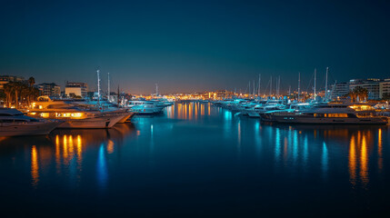Obraz premium Show the port at night, with illuminated docks, ships with lit portholes, and the reflections of lights on the water, highlighting the port's round-the-clock operations and vibrant nightlife. 