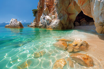 beach with clear sea water and rocks