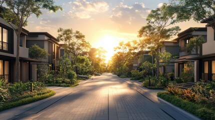 Modern Suburban Haven: Cobblestone Street Leading to Sunset - asset
