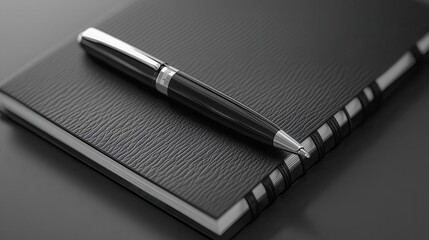Black notebook with a silver pen on a desk, book mockup