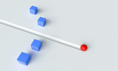 3d render of a red sphere crossing the line to join blue cubes