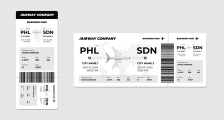 Airline ticket and airplane boarding pass design template. Passenger name and flight details. Flying travel booking vertical and horizontal card layout. Business plane journey airways company document