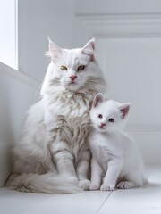 White cat mother and baby sitting