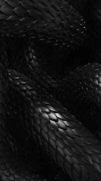 Metal texture dragon scales background. Lively coiled black snakes. 3D abstract background of intertlaced serpents. Close-up of reptile in motion. Vertical, phone wallpaper