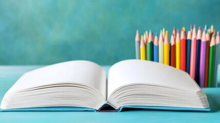 Open blank book with colorful pencils pastel background