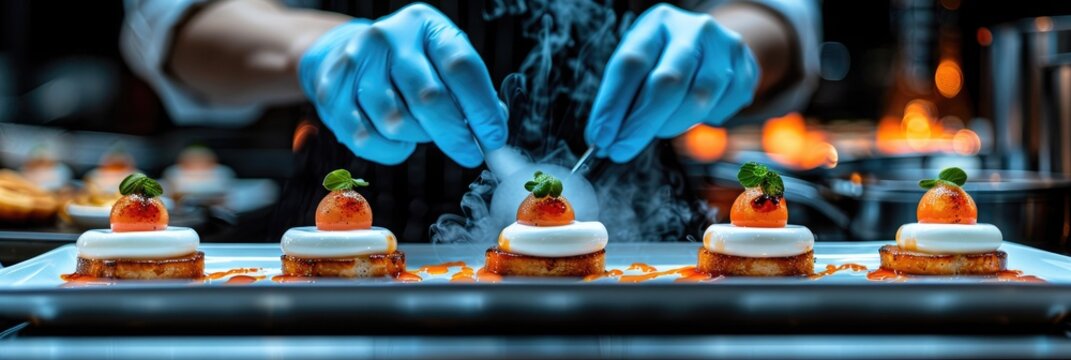 A chef is preparing a delicious dessert in a busy restaurant