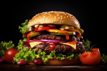 A delicious cheese burger with lettuce and tomato on a sesame seed bun.