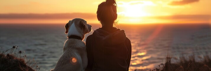 Woman with Labrador Retriever gazing at the sea during sunset