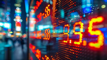 A detailed computer screen displaying a real-time market feed with scrolling stock tickers and live price updates, bright colors, neon blue and green highlights, sleek design, hd quality,