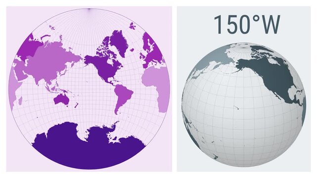 World Map Animation. Lagrange conformal projection. Colored continents style. Animated world map in Lagrange projection. Loopable animation showing longitude shift and matching globe.