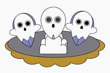 Halloween ghosts floating in a graveyard on white background silhouette vector illustration