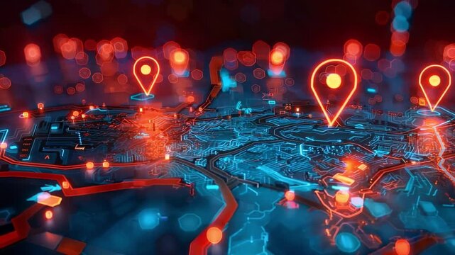 Futuristic map pin location AI technology background