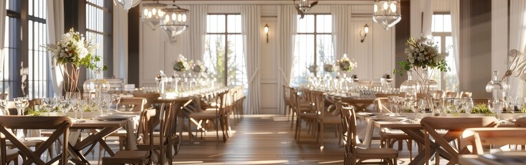Elegant wedding or event venue setup with wooden chairs and tables, fresh flowers, and natural light streaming through large windows.