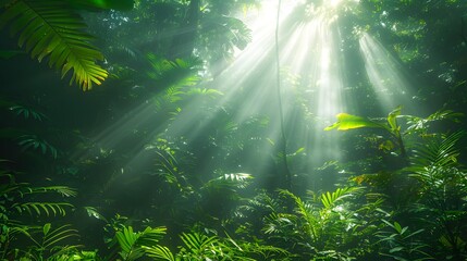 Sunlight filters through the dense foliage of a lush, verdant rainforest, creating a serene and mystical atmosphere, Ideal for promoting nature, conservation, travel