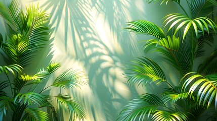 Lush green tropical palm leaves with their shadows on a soft teal background, perfect for nature or interior design themes, adding a fresh and tropical ambiance to any project,