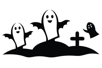 Halloween ghosts floating in a graveyard on white background silhouette vector illustration