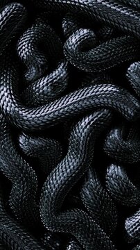 Metal texture dragon scales background. Lively coiled black snakes. 3D abstract background of intertlaced serpents. Close-up of reptile in motion.	
Vertical phone wallpaper