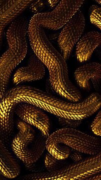 Metal texture dragon scales background. Lively coiled golden snakes. 3D abstract background of intertlaced serpents. Close-up of reptile in motion.	Vertical phone wallpaper
