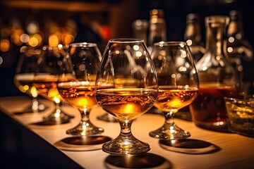 A row of whiskey glasses gleaming under the bar lights, Ready for tasting: a selection of fine whiskey.