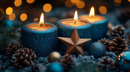 wide christmas decor banner background with gold color glowing star lanterns lighten on the floor