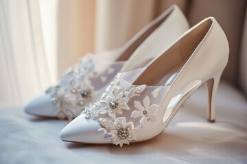 Elegant white bridal shoes with intricate lace details and floral embellishments, perfect for weddings and special occasions.