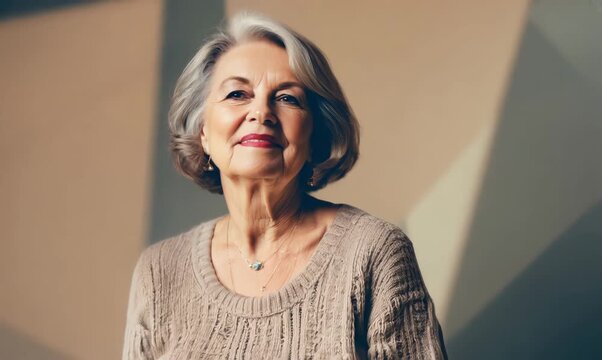 Lifestyle portrait video of a French woman in her 50s wearing a cozy sweater against an abstract background