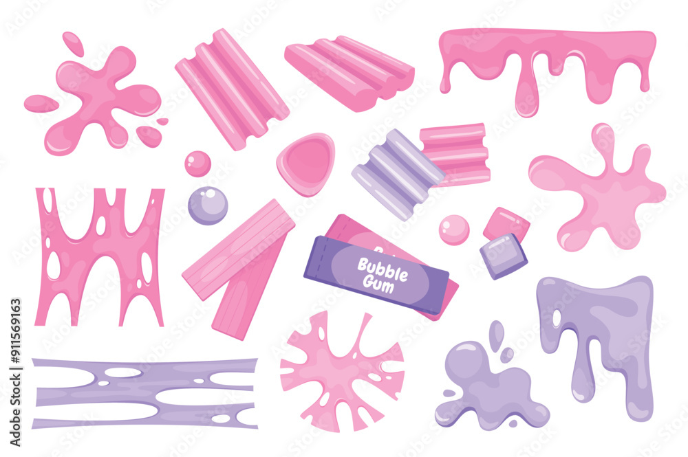 Wall mural bubble gum splashes mega set elements in flat graphic design. bundle objects of pink and purple chew