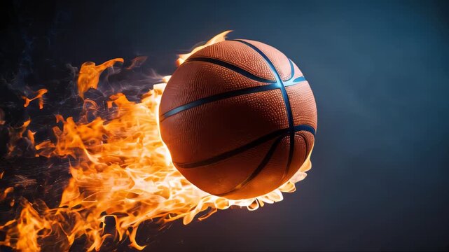 Basketball ball on fire in the air, sports concept, dark background.