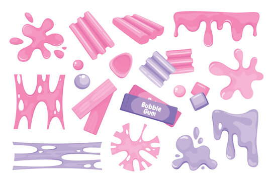 Bubble gum splashes mega set elements in flat graphic design. Bundle objects of pink and purple chewy sweet candies, jelly stains, slimy stripes, gummy and sticky stretchy forms. Vector illustration.