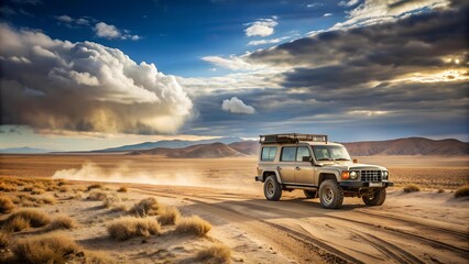 A Beacon of Hope: A Rugged 4x4 Vehicle Carving a Path Through Desolate Landscapes, Delivering Vital Aid to Those in Need  AI Generated