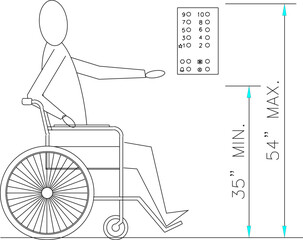 Vector sketch illustration of the standard height design silhouette for disabled wheelchairs 