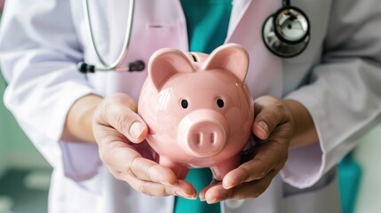 female doctor holding a piggy bank in a clinic, depicting the concept of health care and financial savings.