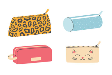 Set of hand drawn pencil cases. Back to school, college, education concept. Isolated vector illustration