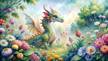 Whimsical Watercolor Dragon in a Blooming Garden  AI generated