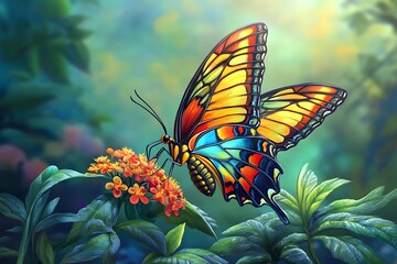 Obraz premium Vibrant Butterfly Perched on Flower in Tranquil Garden Illustration