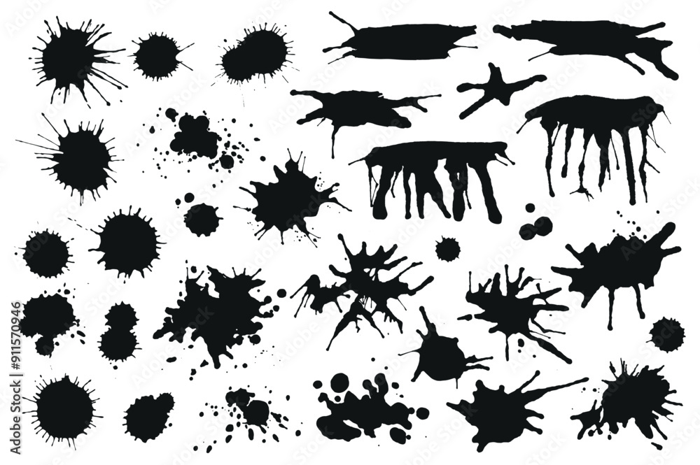 Poster Black ink drops and splashes set elements in flat graphic design. Bundle objects of grunge stains and drips, messy paintbrush blots, grainy splattered texture, dirty paint spots. Vector illustration.