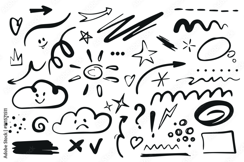 Poster Line shape marker set elements in flat graphic design. Bundle objects of black doodle drawings with arrows, stars, clouds, sun, curls, circle, square, dots, tick, heart, other. Vector illustration.
