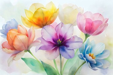 Fototapeta premium Vibrant Watercolor Tulips Blooming Colorful Floral Arrangement Artistry