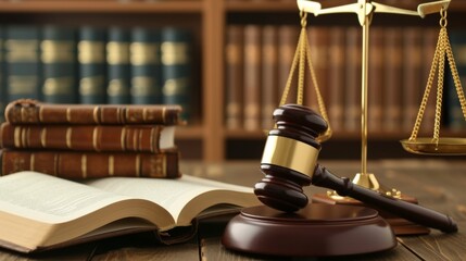Image with a gavel, law books, and scales of justice arranged neatly on a wooden desk