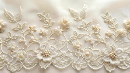 Whispers of Ivory: Delicate Lace and Floral Embroidery on White Fabric  AI generated