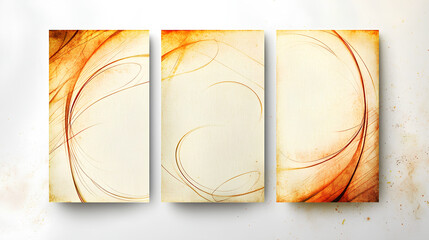 Three blank vertical canvas panels with orange and brown swirls, set against an isolated white background.