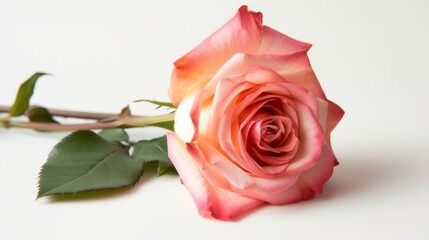 Close-up shot of a single pink rose against a pure white background
