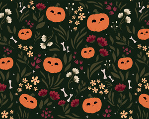 Seamless pattern Latin American style.Dead day party, pumpkin or halloween holiday.Traditional mexican music festival,fun bright dance vector characters.Halloween Dia De Los Muertos Celebration.