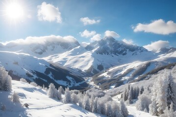 View of a snowy mountain landscape in the sunlight, Damuls Vorarlberg Austria
