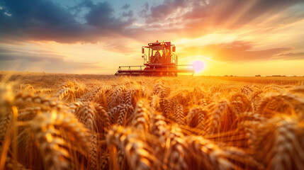 Fototapeta premium Combine harvester working in wheat field at sunset. Ripe wheat harvest. Agriculture and farming.
