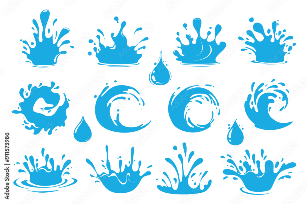 Poster Water splash set elements in flat graphic design. Bundle objects of blue liquid flows and waves with falling droplets, clean aqua pouring, dynamic fluid flow in circle motion. Vector illustration.