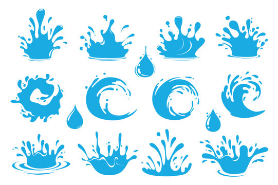 Water splash set elements in flat graphic design. Bundle objects of blue liquid flows and waves with falling droplets, clean aqua pouring, dynamic fluid flow in circle motion. Vector illustration.