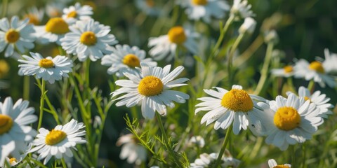 Fototapeta premium Fresh chamomile flowers in a sunny outdoor field close up view