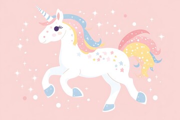 Enchanting Whimsical Unicorn Vector Sticker with Sparkles on Pastel Pink Background