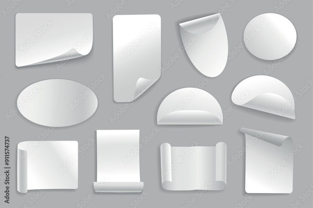 Fototapete white paper stickers set elements in flat graphic design. bundle objects of rectangular, oval, round